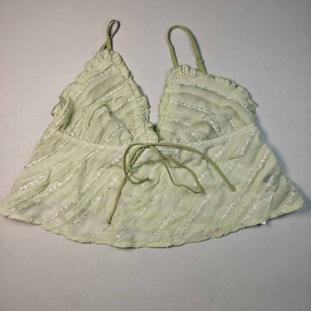 Pale green sheer spaghetti straps‎ sequined stripes Ruffled V Neck  Medium  y2k